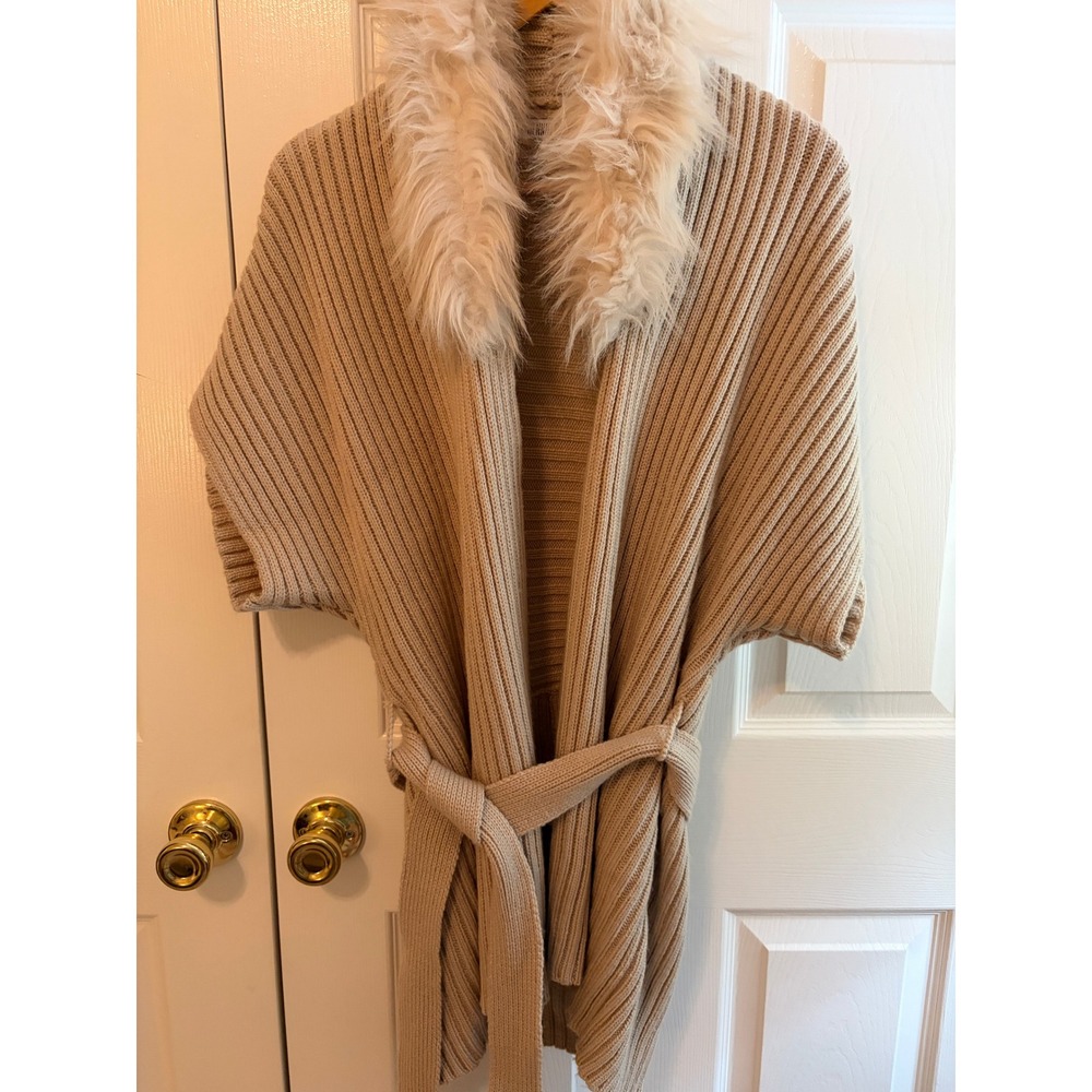 Jennifer Lopez Tan Ribbed Knit Belted Cardigan Faux Fur Collar Medium